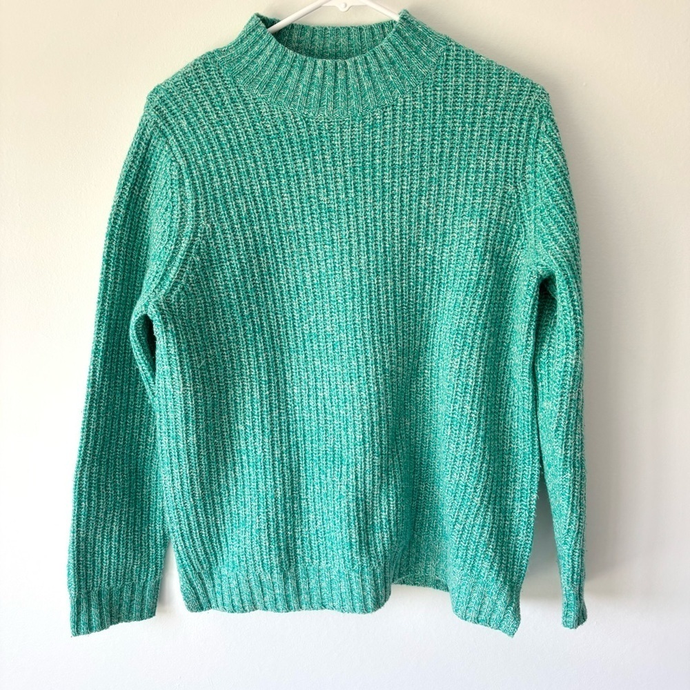 WoolOvers Lambswool Chunky Knit Mock Neck Sweater Green Pullover Ribbed